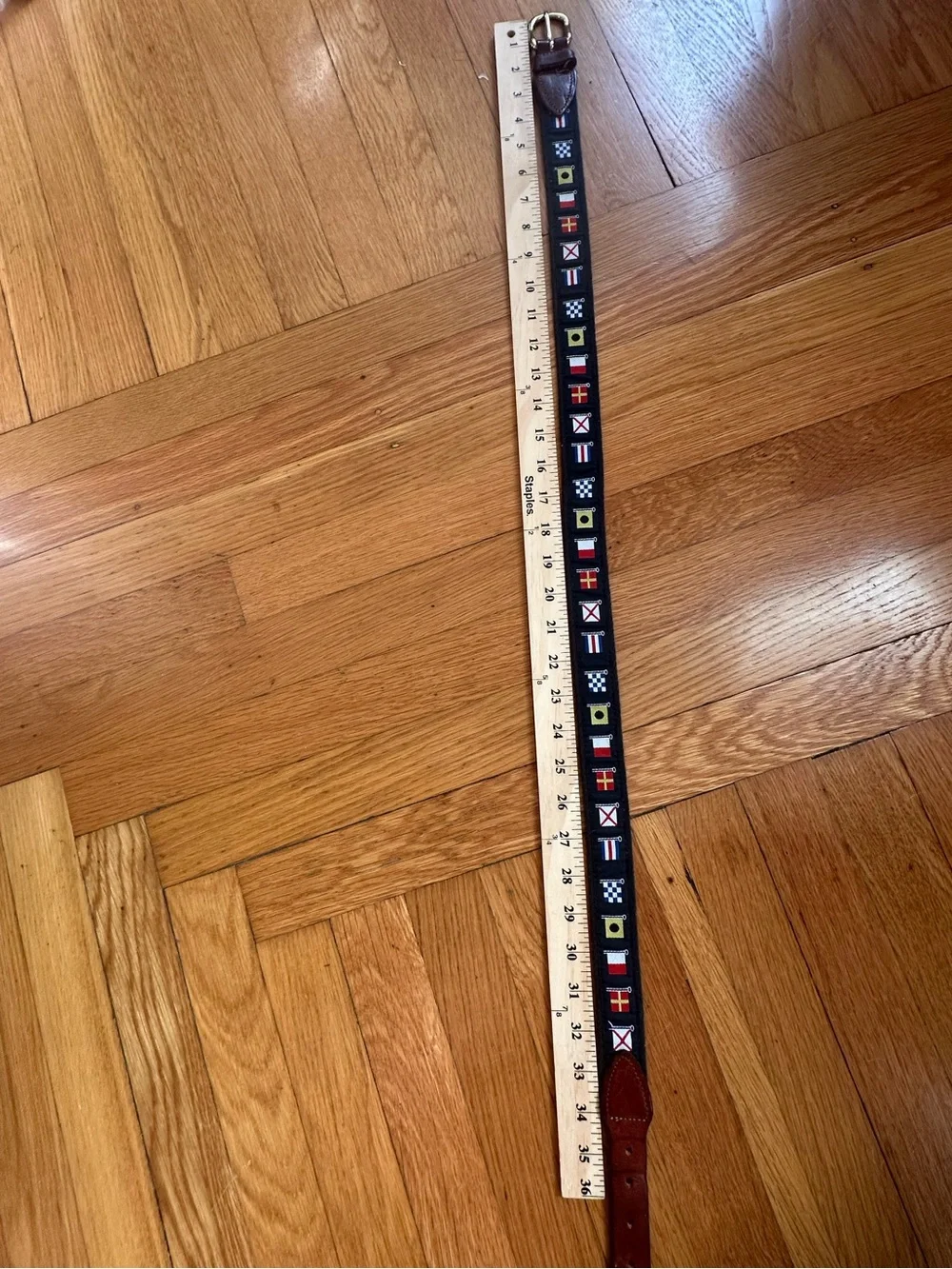 Preppy Nautical  Leather-Trim Belt with Brass Buckle 36 classic yacht club